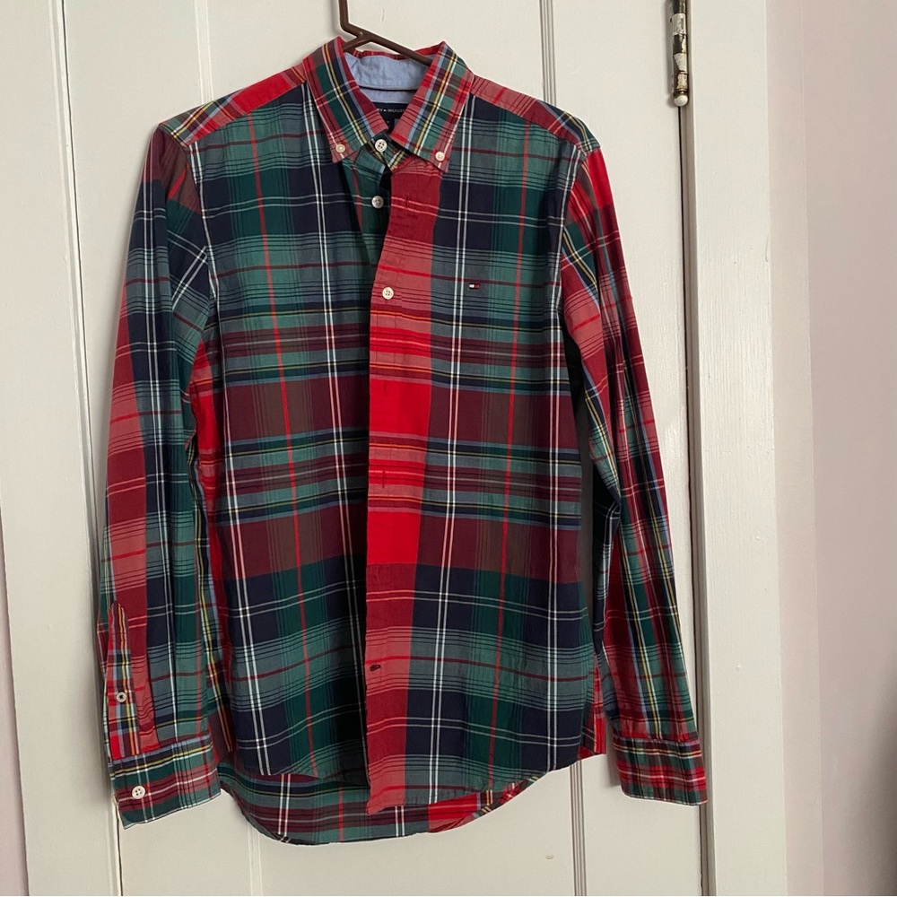 Tommy Hilfiger Red and Green Plaid Button Down Shirt Womens P/S